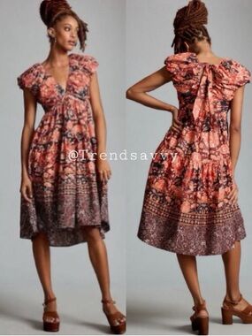 Anthropologie Floral Tiered Babydoll Midi Dress Red Boho Wedding Size 8 NWT